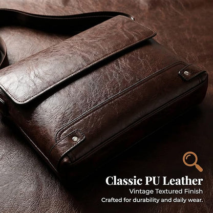 Vintage PU Leather Mens Messenger Bag - Slim Crossbody Shoulder Bag for Work, Travel & Daily Commute Casual Tablet Satchel