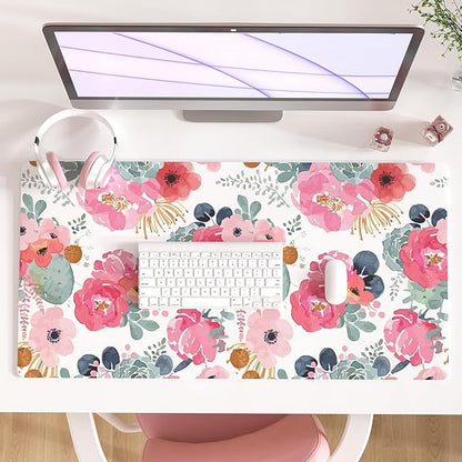 QIYI Large Mouse Pad, Pink Floral Desk Mat for Desktop, Women Girls PU Leather Waterproof Gaming Mousepad, Computer Laptop Desk Accessories Protector Writing Pads for School Office Home 31.5" x 15.7"