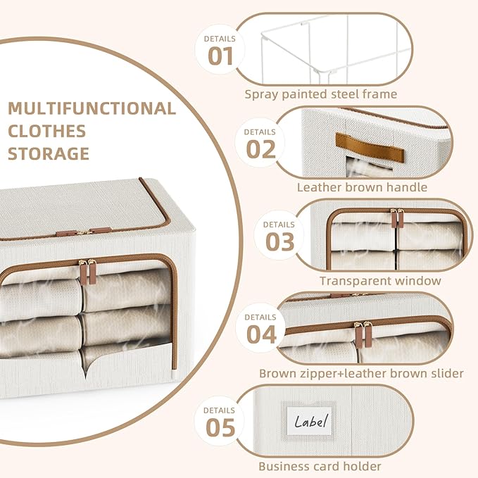FHSQX 6 Pack Clothes Storage Bins - Foldable Storage Bins for Clothes Fabric Storage Box with Metal Frame (Cream White, 16.5x12.2x12.2 inch)