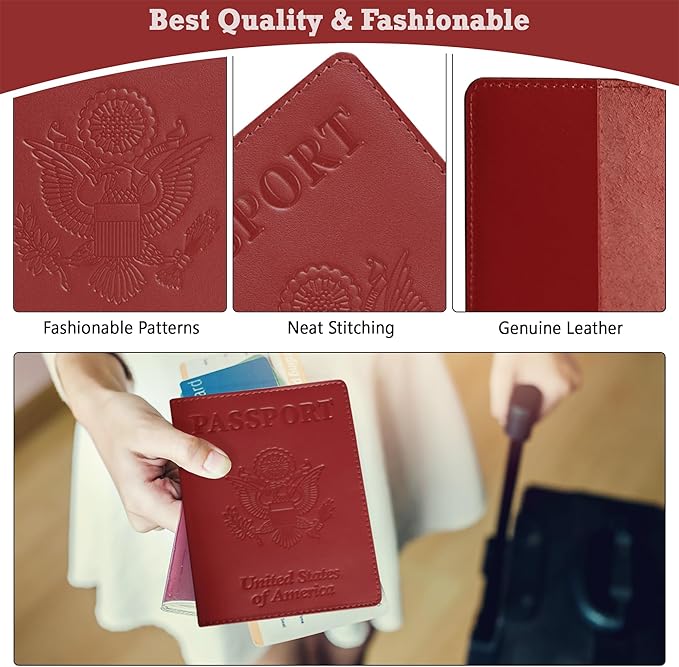 Shvigel US Leather Passport Book Cover - Thin American Travel Passport Holder - Premium International USA Passport Protector Case for Women Men (Red)