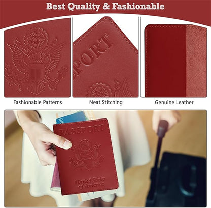 Shvigel US Leather Passport Book Cover - Thin American Travel Passport Holder - Premium International USA Passport Protector Case for Women Men (Red)