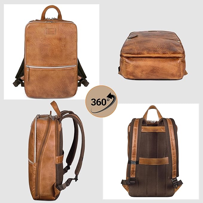 LEATHER VILLAGE Leather Laptop Backpack for Men | Camel Brown | Slim Professional Business Bag Fits 15.6”-Laptop | Water-Repellent Work & Travel Daypack with Trolley Strap