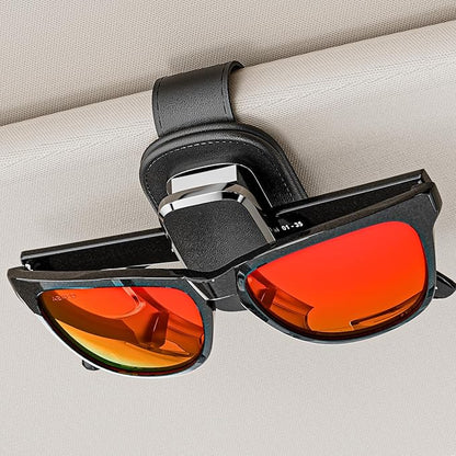 Sunglass Holder for Car Visor, One-Handed Operation Leather Sunglasses Clip with Soft Padding, Auto-Clamping Eyeglasses Organizer for Sun Visor, Universal Car Accessories (Black)