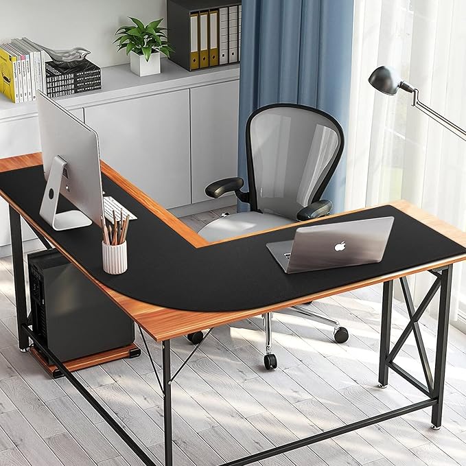 MAIDERN (47” + 47”) x 15.7” L Shaped Corner Desk Mat, Cork & Leather Reversible Desk Pad for Gaming Computer Office Home (Black)