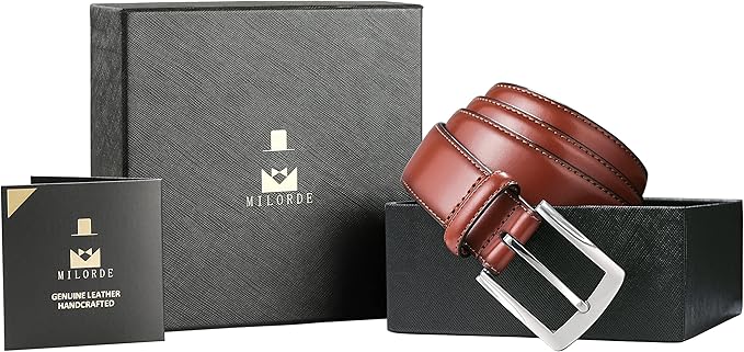 MILORDE Men's Genuine Leather Dress Belt, Handmade, 100% Cow Leather, Fashion & Classic Designs for Work Business and Casual