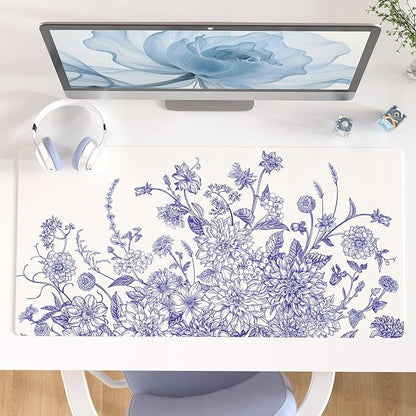 Colorful Star Large Mouse Pad, Floral Desk Mat Office Supplies, Waterproof Faux Leather Big Gaming Mousepad for Women Girls, Vintage Blue Flowers Desk Pad Home Office Décor Accessories 31.5" x 15.7"