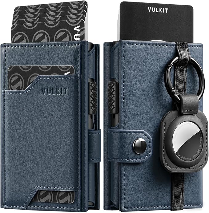 VULKIT Airtag Wallet with Keyring Leather Mens Pop up Credit Card Wallet with Air Tag Holder Trifold ID Window RFID Blocking（Blue）
