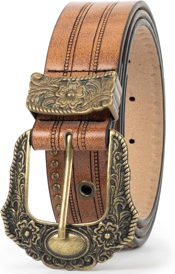 Mealah Vintage Western-Cowboy-Belt for Women Men - Carved Buckle PU Leather Waist Belts (for Waist 28"-38")