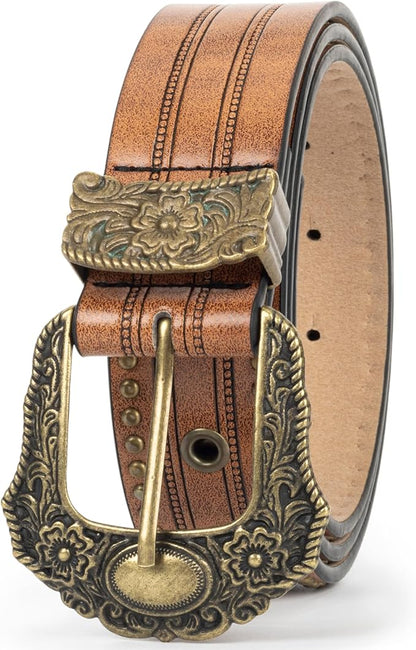 Mealah Vintage Western-Cowboy-Belt for Women Men - Carved Buckle PU Leather Waist Belts (for Waist 28"-38")