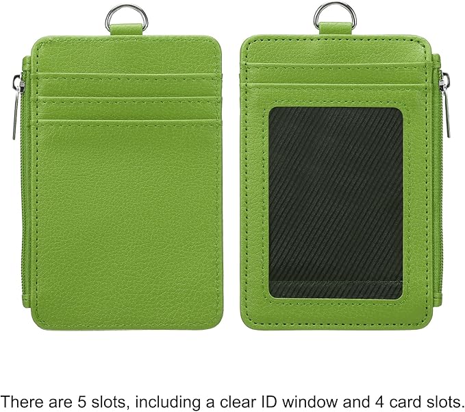 MECCANIXITY ID Badge Holders with Lanyard, Vertical PU Leather 5 Card Slots Zipper Portable Wallet Clear Window for Office, Green