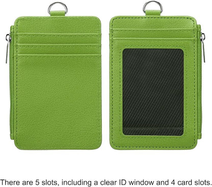 MECCANIXITY ID Badge Holders with Lanyard, Vertical PU Leather 5 Card Slots Zipper Portable Wallet Clear Window for Office, Green