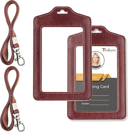 Teskyer 2 Pack of Double Sided Clear Badge Holder with Lanyard, PU Leather ID Badge Name Card Holder with Stainless Steel J-Hook Nylon Lanyard for Work ID, School ID, Metro Card, Access Card, Brown