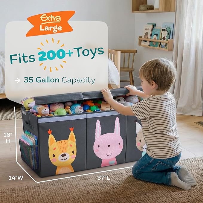 SoftOwl Extra Large Toy Storage Organizer with Lid - Sturdy, Collapsible Toy Chest Storage Box with Cute Design - Toys Bin with Dividers for Kids, Boys, Girls, Nursery, Bedroom, Play room 37"x16"x14"