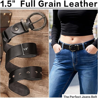 Women's 1.5 inch Leather Belt with Large Brass Buckle - Trendy Vintage Style for Jeans and Pants