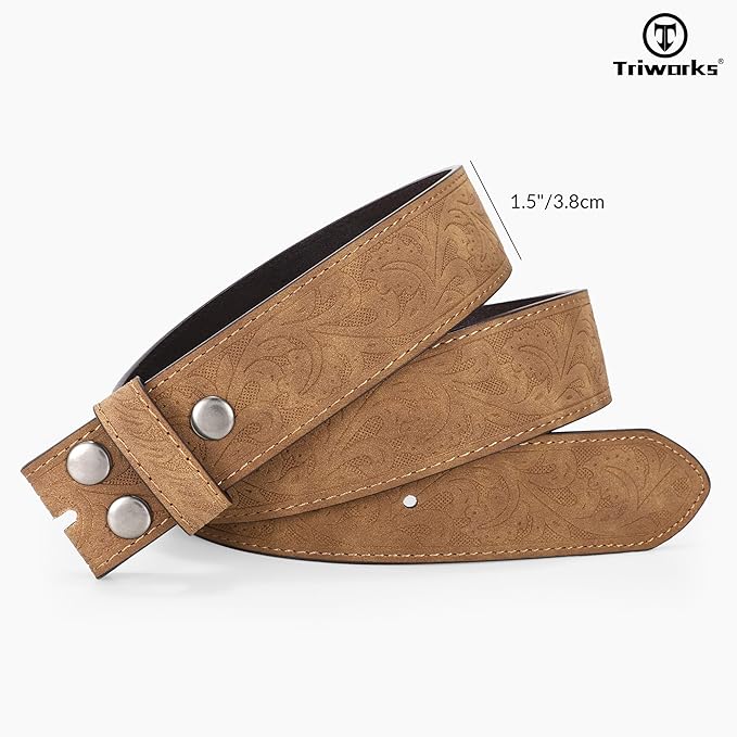 TRIWORKS Western Belt Strap for Men without Buckle 1.5" Wide Floral Engraved Embossed Leather Belt Strap