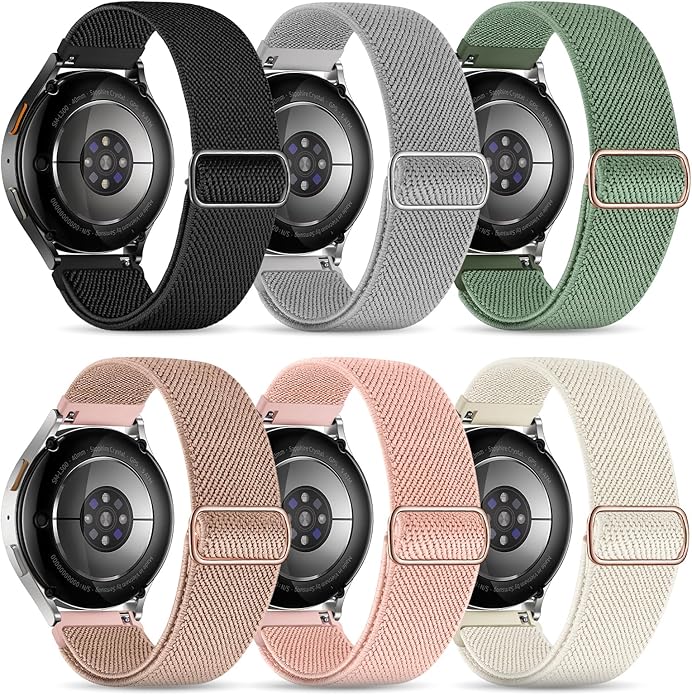 Stretchy Bands Compatible with Samsung Galaxy Watch 7 6 4 5 Band 40mm 44mm/Watch 6 4 Classic 47mm 43mm 42mm 46mm/5 Pro/FE/Active 2, 6 Pack 20mm Nylon Sport Strap for Galaxy Watch 7 Band Women Men