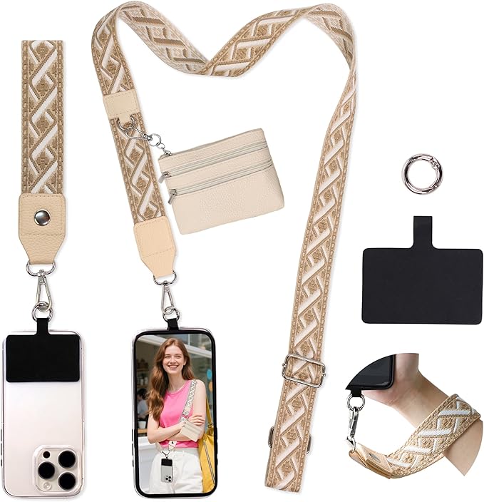 FUVLIFE Phone Lanyard Crossbody Wrist Strap, Adjustable Clip and Go Strap for Phone with Wallet Crossbody, Universal Hands-Free Phone Strap with Zippered Pouch for All Cell Phones