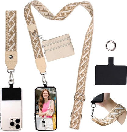 FUVLIFE Phone Lanyard Crossbody Wrist Strap, Adjustable Clip and Go Strap for Phone with Wallet Crossbody, Universal Hands-Free Phone Strap with Zippered Pouch for All Cell Phones