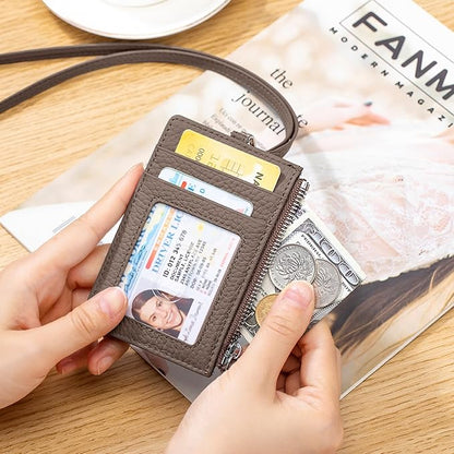 2-in-1 Leather ID Badge Holder with Wallet for Work, Multifunction ID Case with Credit Card Slots & Cash Coin Pocket, Slim Wallet with Lanyard for Women Men Nurse Teacher (Dark Hkaki)