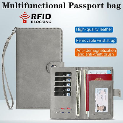 Passport Holder for Travel Essentials, RFID Blocking PU Leather Wallet Cover with Wristlet Strap Magnetic Closure Passport Book Holders Case for Women and Men, Grey