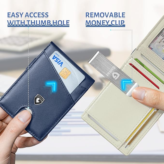 GSOIAX Slim Leather RFID Bifold Wallet for Men Minimalist Front Pocket Wallet with Money Clip,12 Card Slots,ID Window,Cool Groove Design,Includes Gift Box (Dark Blue and Beige)
