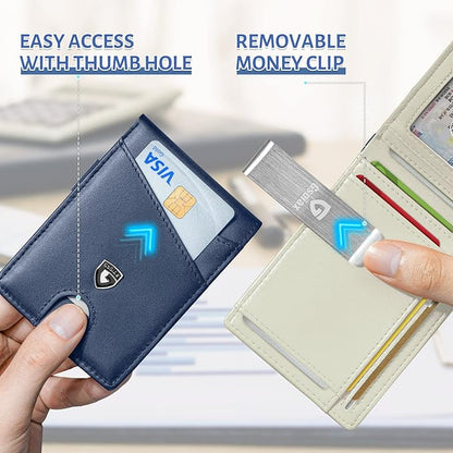 GSOIAX Slim Leather RFID Bifold Wallet for Men Minimalist Front Pocket Wallet with Money Clip,12 Card Slots,ID Window,Cool Groove Design,Includes Gift Box (Dark Blue and Beige)