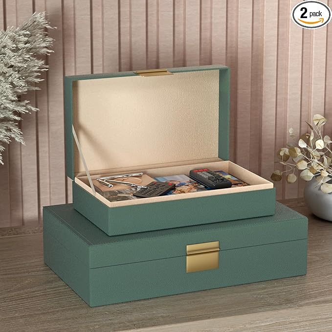 Decorative Storage Boxes Set of 2 - Multi-Purpose Beautiful PU Leather Organizer Bins for Your Home Decor - Decorative Containers with Lids Store Photos, Documents, Memory Box Keepsakes (Green)