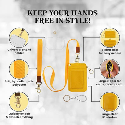 Mondo Designs 2-in-1 ID Badge Holder & Lanyard Wallet - Multi-Use Womens Small Wallet with Removable Wristlet & Neck Lanyard, Clear Window, 5 Card Slots, Phone Holder, Ring Keychain - Yellow