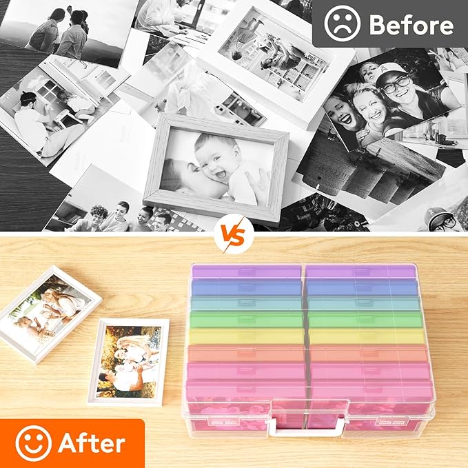 Lifewit 4x6 Photo Storage Box, 16 pcs Inner Photo Case with Lids, Multicolor Photo Organizers with 1 Sheet Label Sticker, Plastic Craft Storage Box for Seeds Sticker Cards Pictures Office Supplies