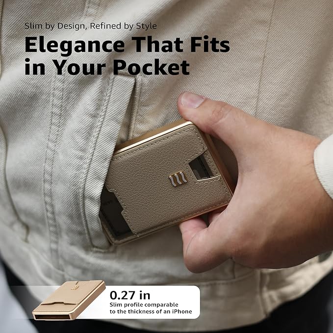 VENICE RFID Blocking Wallet, Minimalist Card Holder with Quick Access, Vegan Leather & Brushed Aluminum, Gift-Ready Packaging (Beige)