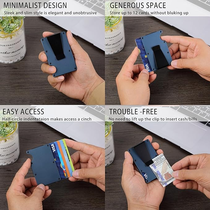 Minimalist Carbon Fiber Wallet for Men, Money Clip Cash Strap Wallet, RFID Blocking Metal Wallet Aluminum Card Holder,Front Pocket Wallet(Matte Navy Blue)
