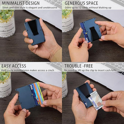 Minimalist Carbon Fiber Wallet for Men, Money Clip Cash Strap Wallet, RFID Blocking Metal Wallet Aluminum Card Holder,Front Pocket Wallet(Matte Navy Blue)