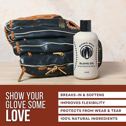 Rhino Wax - Baseball Glove Oil 8 oz (Not Made in China) - Softens & Hydrates Leather Fibers - Improves Ball Gloves Flexibility - Break in Mitts Fast - Natural Ingredients - Proudly Made in the USA