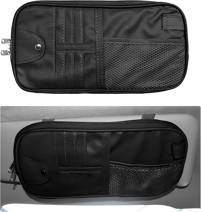 Car Sun Visor Organizer, Multi-Purpose Visor Storage Holder with Elastic Bands & Glasses Clip, Multi-Pocket Sunshade Organizer Soft Leather Storage Pouch for Car Truck SUV (Black)