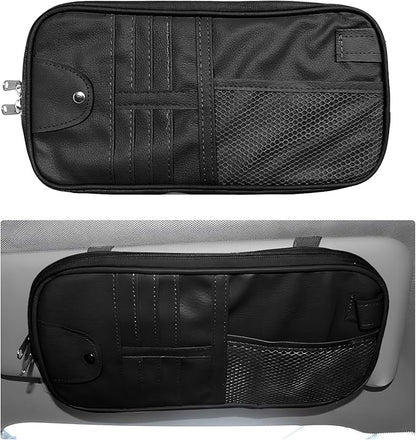 Car Sun Visor Organizer, Multi-Purpose Visor Storage Holder with Elastic Bands & Glasses Clip, Multi-Pocket Sunshade Organizer Soft Leather Storage Pouch for Car Truck SUV (Black)