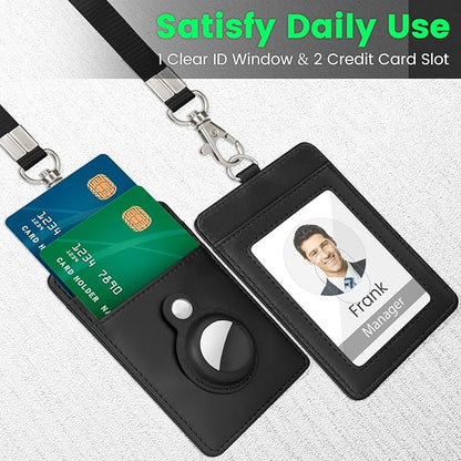 TALONITE Badge Holder for AirTag, PU Leather ID Badge Holder with 1 Clear ID Window & 2 Credit Card Slot & 1 Detachable Neck Lanyard