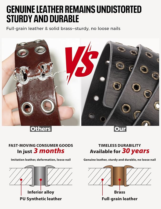 1.5" Double Hole Full Grain Leather Belt - Vintage Distressed Casual Belt for Men Women with Double Prong Buckle