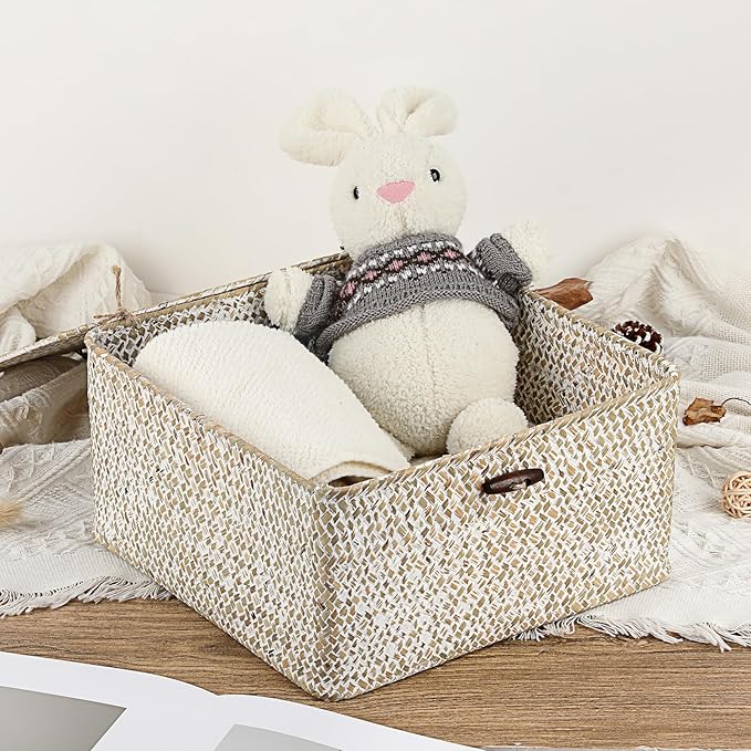 Hipiwe Wicker Shelf Basket Bin Square Handwoven Seagrass Storage Basket with Lid Home Organize Box for Bookshelf Living Room Bath Room Multipurpose Basket Container, Whitewash Large