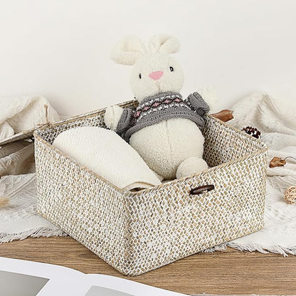 Hipiwe Wicker Shelf Basket Bin Square Handwoven Seagrass Storage Basket with Lid Home Organize Box for Bookshelf Living Room Bath Room Multipurpose Basket Container, Whitewash Large