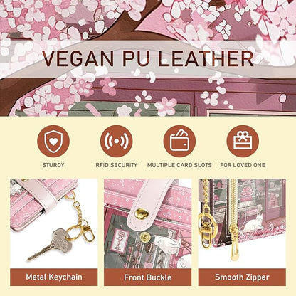 Jogjam Cute Kawaii White Cats Rfid Ladies Wallet, Small Credit Card Women Wallet, Japanese Dessert House PU Leather Bifold Cash Zipper Coin Pocket for Female