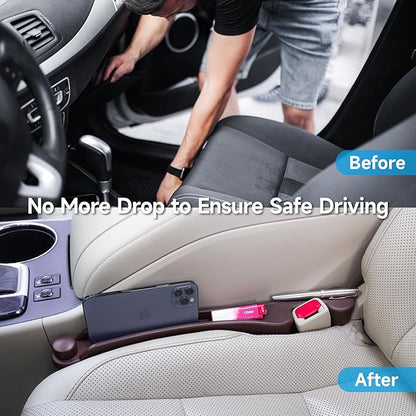 Car Seat Gap Filler Set of 2, 3IN1 Seat Side Gap Filler Plug with Storage Slot & Hook Function, Soft Foam Universal Fit Car SUV Truck Fill Gap Between Seats Console Organizer（Narrow Deep Brown）