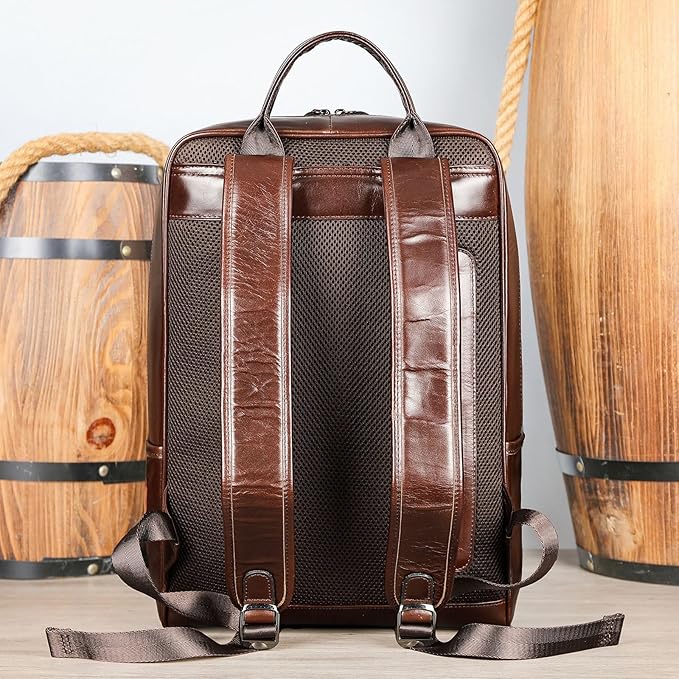 Genuine Leather Backpack for Men Travel Laptop Bag Casual Daypack Business Briefcase Durable Work Bag Gift Box (Brown)