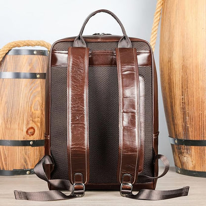 Genuine Leather Backpack for Men Travel Laptop Bag Casual Daypack Business Briefcase Durable Work Bag Gift Box (Brown)