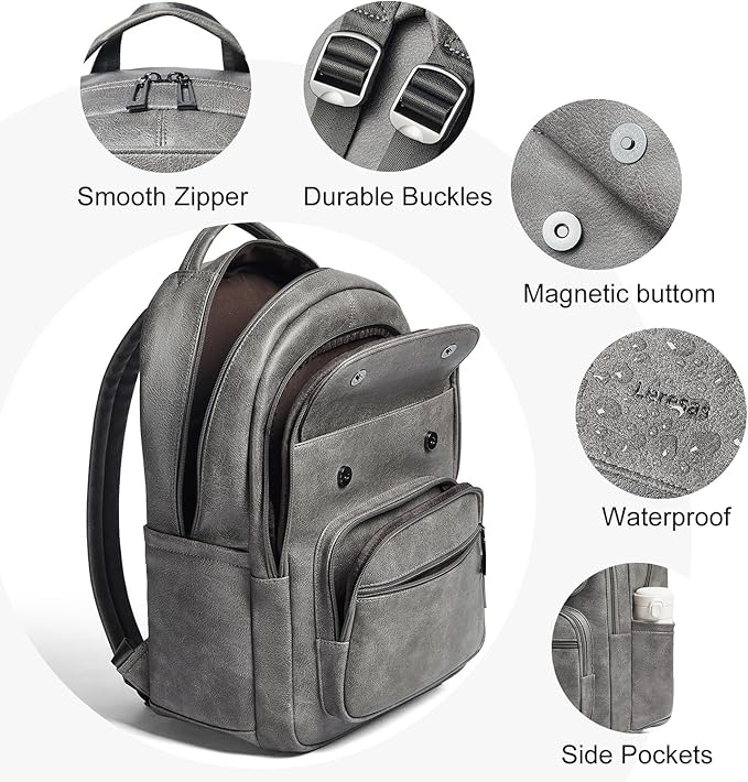 Leresas 37L Backpack Purse for Women Mens for Work Travel Back Pack Purses Vegan Leather Back Pack Fashion Laptop Computer Bag Dark Grey