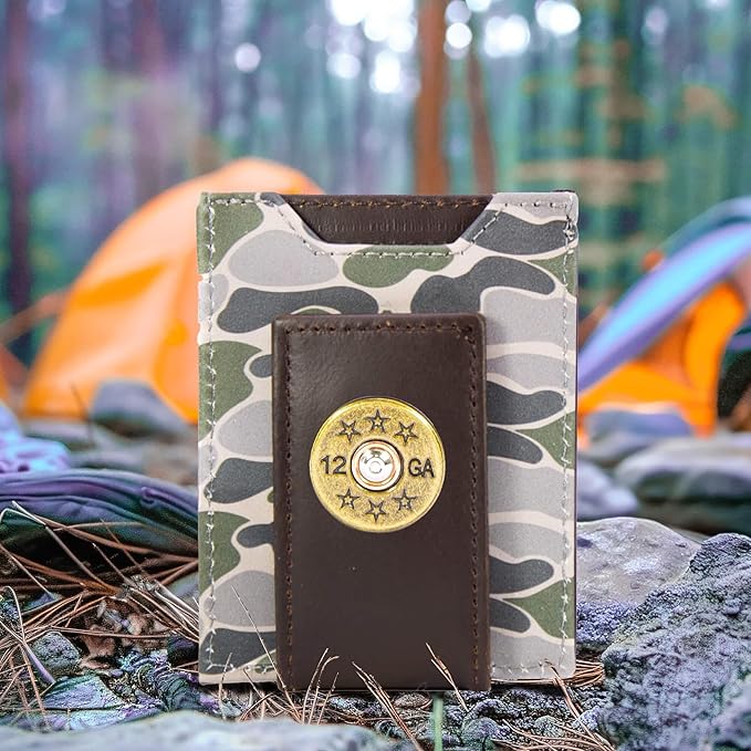 ZEP-PRO Shotshell Men's Magnetic Front Pocket Old School Camo Leather Wallet – Slim Design with Card Slots and Money Clip, Green/Gray Camo