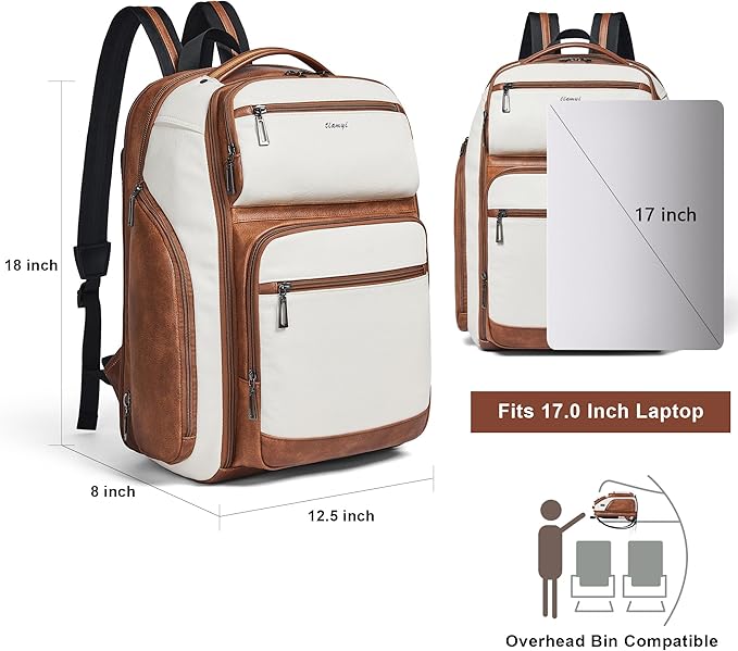 Vegan Leather Backpack, 40L Expandable, TSA Travel Backpack for Men and Women, Fits 17.0 Inch Notebook with USB Port and Luggage Strap, Beige