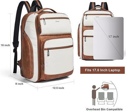 Vegan Leather Backpack, 40L Expandable, TSA Travel Backpack for Men and Women, Fits 17.0 Inch Notebook with USB Port and Luggage Strap, Beige
