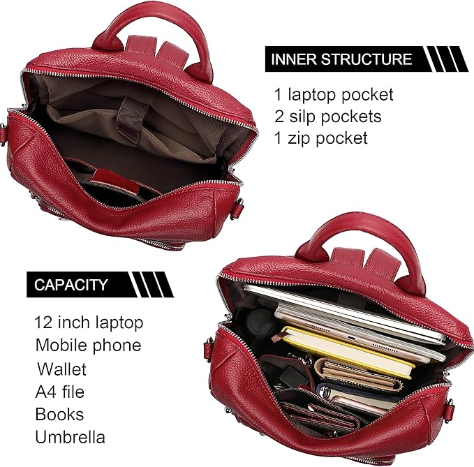 ALTOSY Genuine Leather Backpack Purse for Women Large Shoulder Bag With Laptop Compartment Multiple Pockets(S106 Red)
