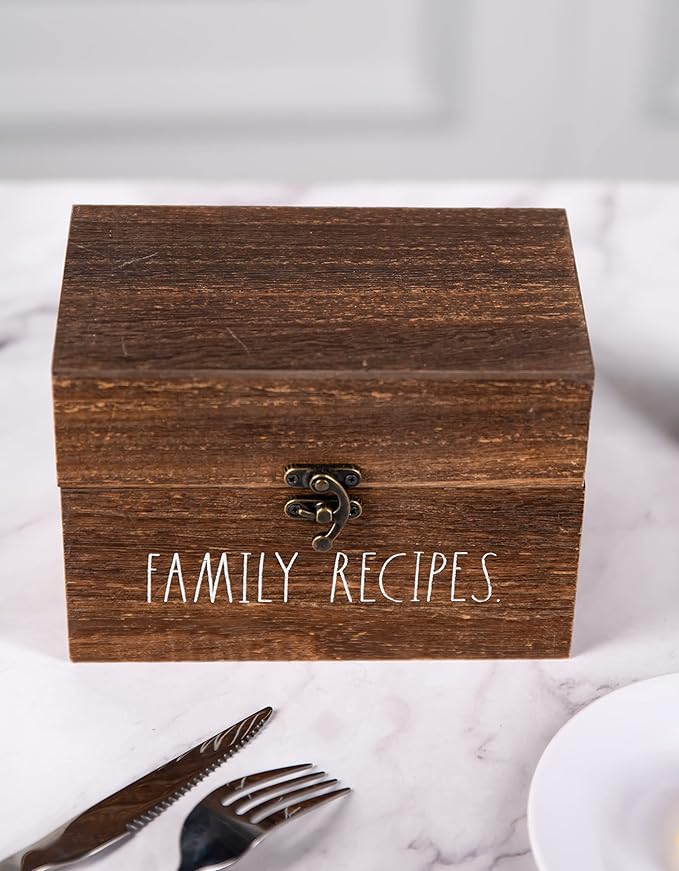 Wooden Box – Wood Storage Box - Wood Recipe Box with Lid and Metal Clasp - Rustic Vintage Farmhouse Recipe Box with Lid Wood Chest Design - Multipurpose Organizer – Birthday Gift for Women (Style 3)