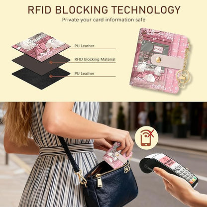 Jogjam Cute Kawaii White Cats Rfid Ladies Wallet, Small Credit Card Women Wallet, Japanese Dessert House PU Leather Bifold Cash Zipper Coin Pocket for Female